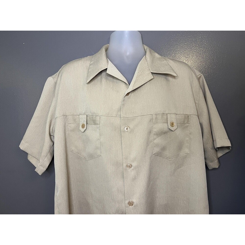 Milano Moda Shirt Mens Large Beige Textured Short Sleeve Button Up Casual